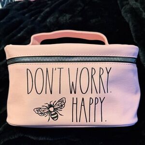 STUFFED Rae Dunn “Don’t Worry 🐝  Happy” Pink Cosmetic Bag NWT